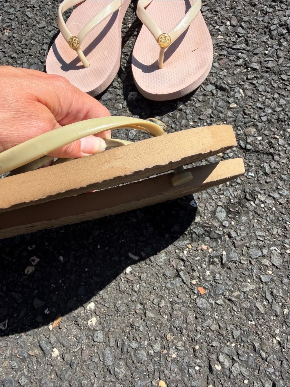 Tory Burch Bundle Logo Flip Flops in Pink and Tan